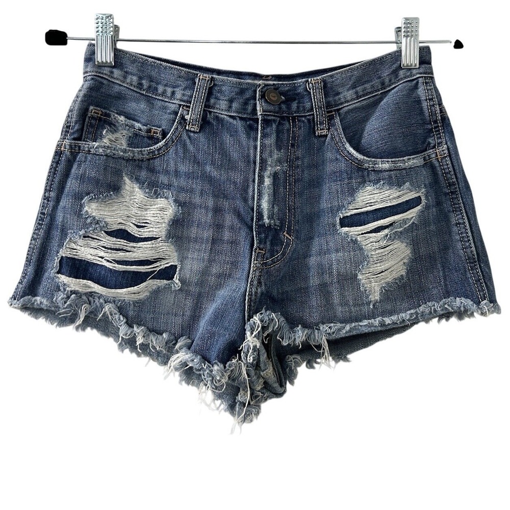 Hollister Distressed Denim Shorts 3 Blue High Rise Frayed Hem‎ Festival Grunge